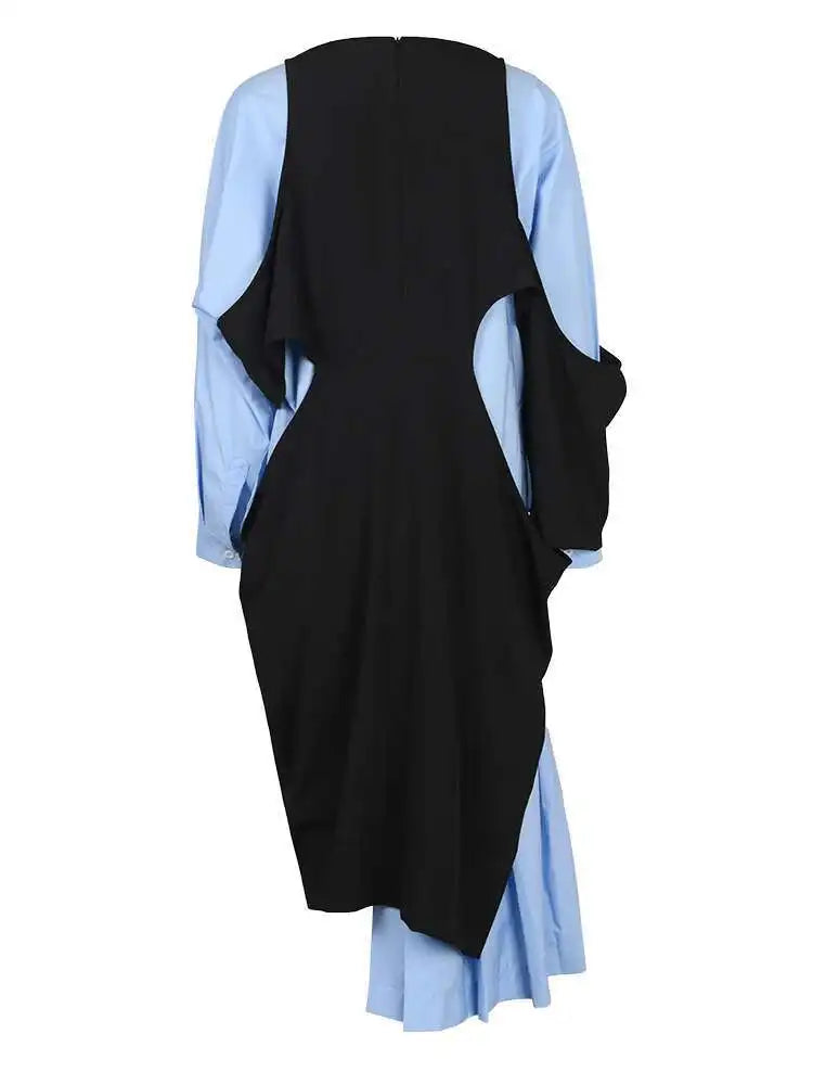 Women Blue Color-block Big Size Long Dress New Round Neck Long Sleeve Loose Fit Fashion Tide Spring Autumn 2025 1DH5325