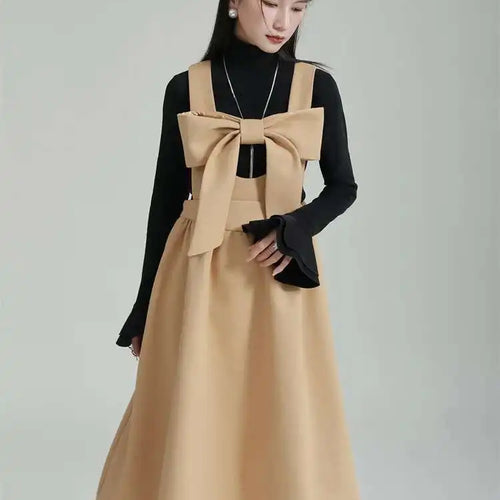 Load image into Gallery viewer, Women Gray Bow Bandage Spliced Long Elegant Woolen Dress New Sleeveless Loose Fit Fashion Tide Autumn Winter 2025 1DF3527
