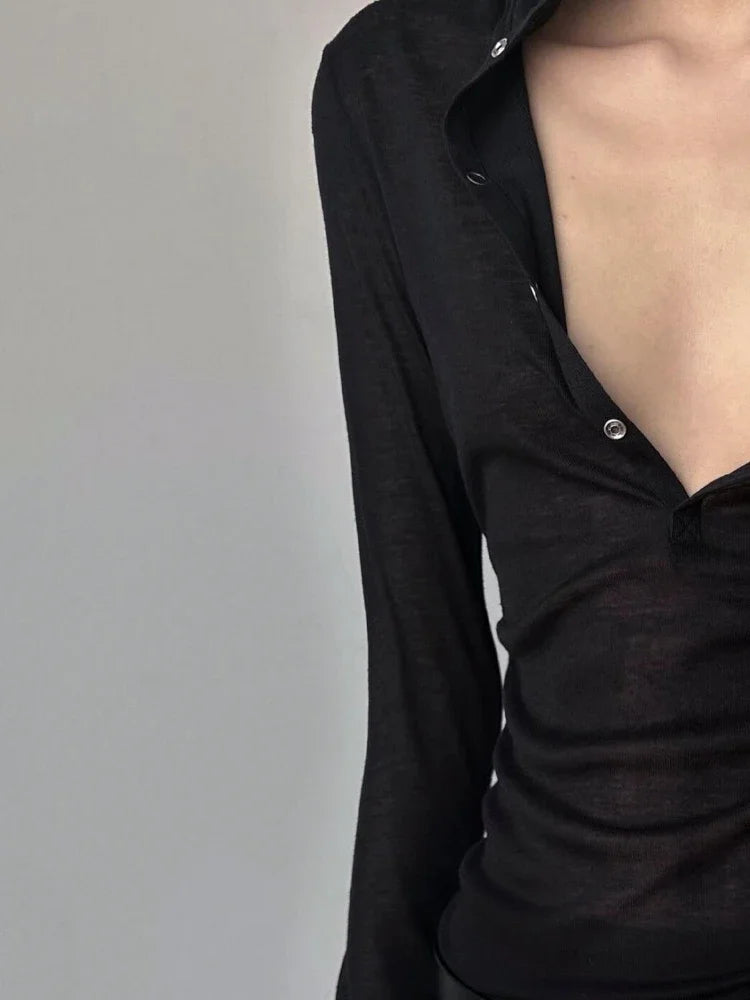 Solid See Through Sexy Hooded Tops Vintage Bottoming Harajuku T-shirt Women Y2k Aesthetic Single Breasted Grunge Tees Streetwear