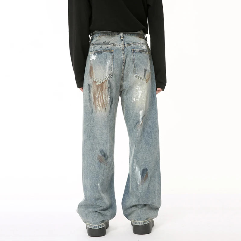 Niche Style Men's Jeans Worn-out Dirty Graffiti Loose Trousers Straight Wide Leg Male Casual Jeans Trend Summer 9C6607