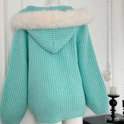 Load image into Gallery viewer, Vintage Chic Women Blue Hooded Cardigan Sweater Beige Elegant Long Sleeved Short Knitted Tops 2024 Autumn Winter Fashion Popular
