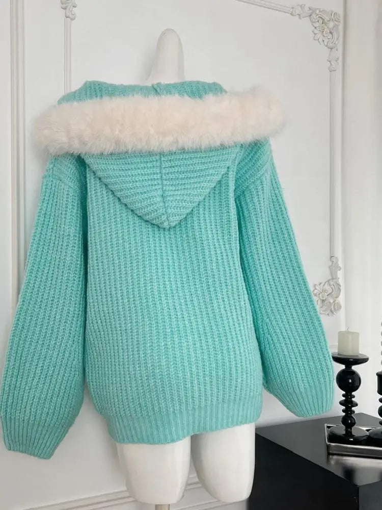 Vintage Chic Women Blue Hooded Cardigan Sweater Beige Elegant Long Sleeved Short Knitted Tops 2024 Autumn Winter Fashion Popular