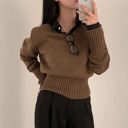 Load image into Gallery viewer, Casual Brown Basic Autumn Sweater Women Knitwear Korean Fashion Solid Pullover Harajuku Jumpers All-Match Preppy Cute
