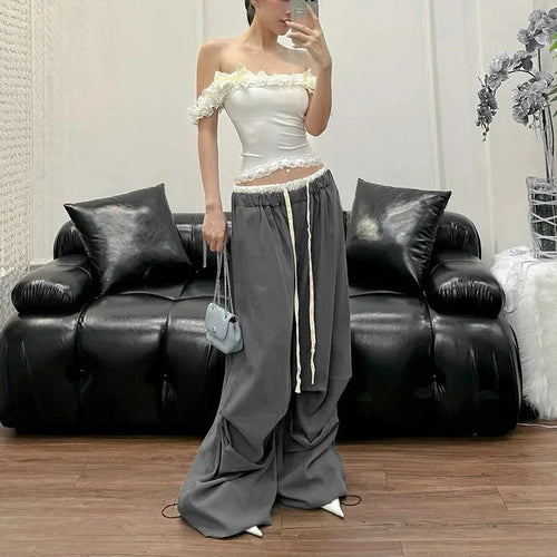 Load image into Gallery viewer, Y2k Ruched Stacked Pants Grey Black Drawstring Sweatpants Patchwork Elastic Waist Baggy Cargo Pants for Women P98-DF33
