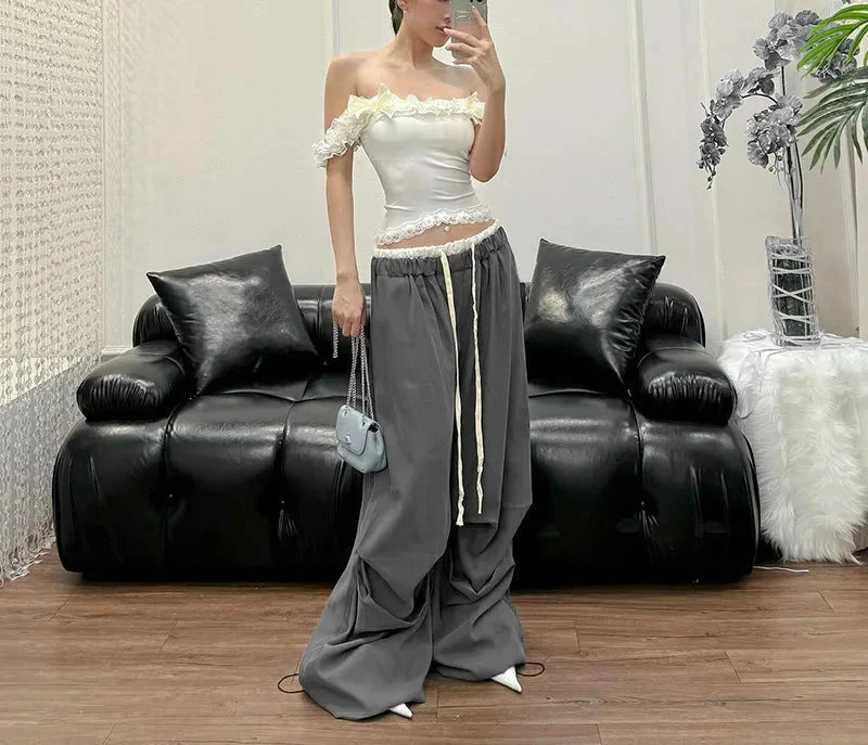 Y2k Ruched Stacked Pants Grey Black Drawstring Sweatpants Patchwork Elastic Waist Baggy Cargo Pants for Women P98-DF33