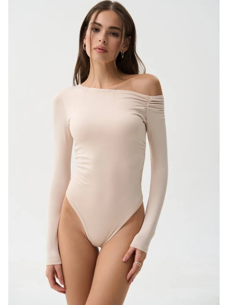 Fashion Stretch Tight Long Sleeve Slanted Shoulder Women Bodysuit 2025 Autumn/Winter New Rompers Sexy Slim Casual Street