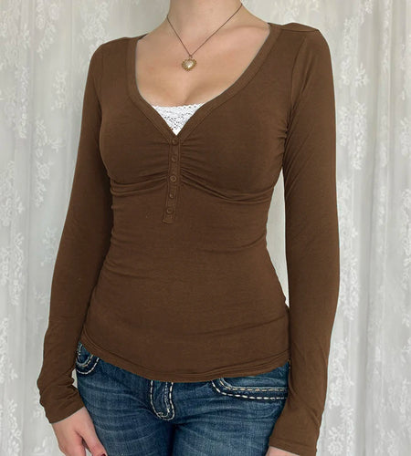 Vintage Y2K Lace Patched Basic Fold Slim Autumn T-shirt for Women Harajuku Buttons Tee Korean Long Sleeve Top Clothes