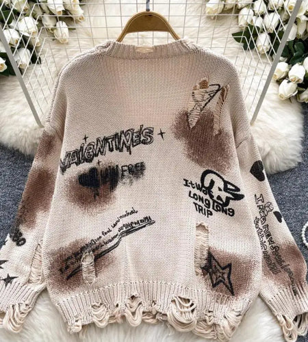 Autumn Winter Women Beige Graffiti Print Loose Long Sleeve Fashion Cardigan Knitted Sweaters Korean Casual Button Hole Tops Chic