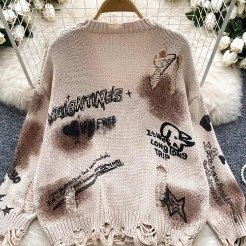 Load image into Gallery viewer, Autumn Winter Women Beige Graffiti Print Loose Long Sleeve Fashion Cardigan Knitted Sweaters Korean Casual Button Hole Tops Chic
