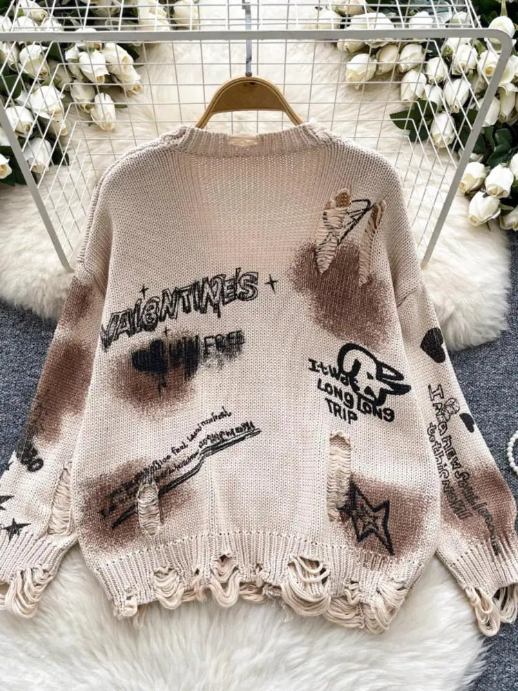 Autumn Winter Women Beige Graffiti Print Loose Long Sleeve Fashion Cardigan Knitted Sweaters Korean Casual Button Hole Tops Chic