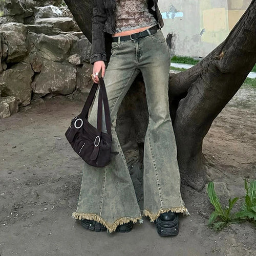 Load image into Gallery viewer, Y2K Streetwear Slim Tassel Distressed Flared Jeans Women Vintage Burr 2000s Aesthetic Denim Trousers Korean Capris
