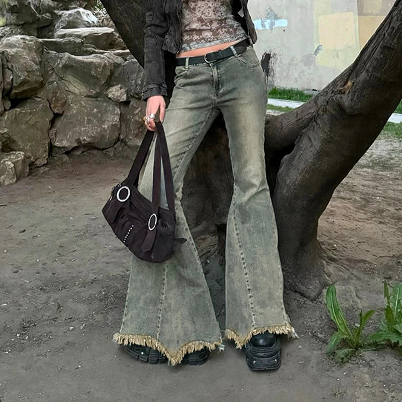 Y2K Streetwear Slim Tassel Distressed Flared Jeans Women Vintage Burr 2000s Aesthetic Denim Trousers Korean Capris