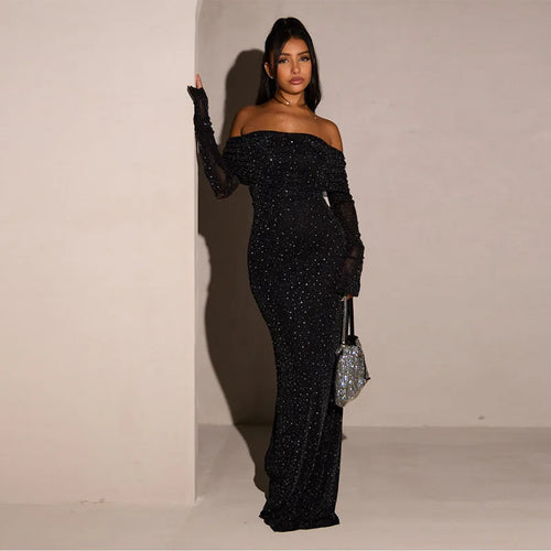 Load image into Gallery viewer, Glitter Off-shoulder Sexy Maxi Dress For Women Gown Black Strapless Long Sleeve Bodycon Club Party Sparkle Long Dress
