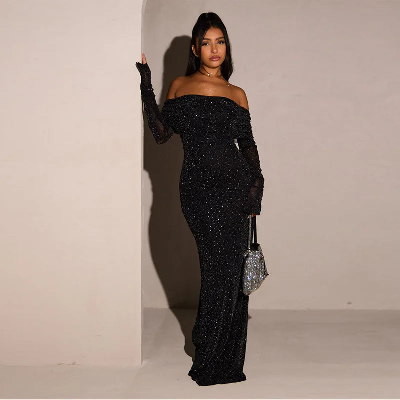 Glitter Off-shoulder Sexy Maxi Dress For Women Gown Black Strapless Long Sleeve Bodycon Club Party Sparkle Long Dress