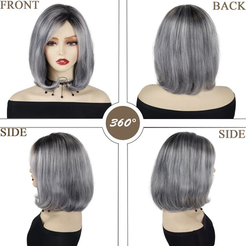 Load image into Gallery viewer, Synthetic Short Grey Bob Wig with Side Bangs Black Roots Seniors Womens Wig Natural Haircuts Ombre Elderly Curly Hair
