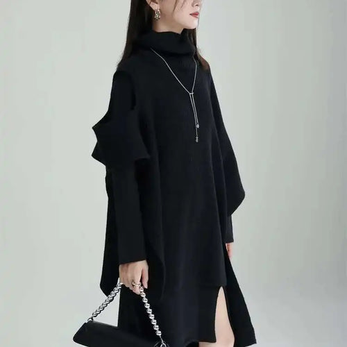 Load image into Gallery viewer, Women Gray Irregular Design Knitting Dress New Turtleneck Long Sleeve Loose Fit Fashion Tide Spring Autumn 2025 1DF2618
