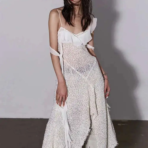 Load image into Gallery viewer, Women Beige Burr Perspective Sequins Irregular Long Spaghetti Strap Dress New Fashion Tide Spring Autumn 2025 1DH4725
