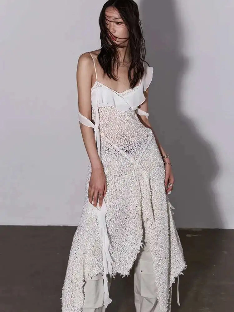 Women Beige Burr Perspective Sequins Irregular Long Spaghetti Strap Dress New Fashion Tide Spring Autumn 2025 1DH4725