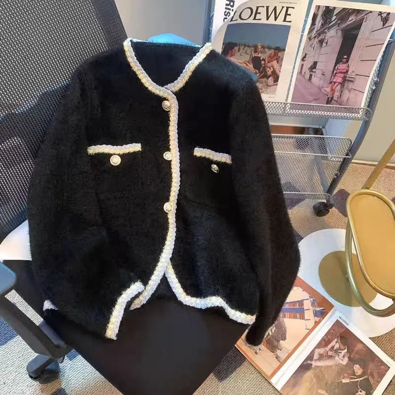 Autumn Winter Black Patchwork Temperament Long Sleeve Mink Sweater Women Fashion Single Breasted Short Knitting Tops New Popular