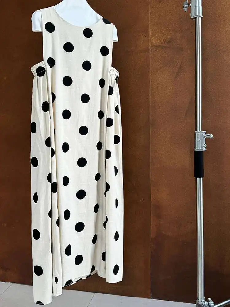 Women White Dot Printed Pleated Big Size Elegant Dress New Round Neck Sleeveless Fashion Tide Spring Summer 2025 1DJ0367