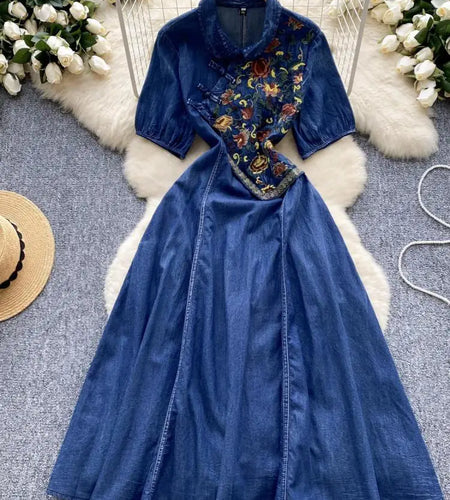 Vintage Chinese Style Summer Blue Embroidery Pleated Denim Long Dress Women Elegant Short Sleeve Princess Party Evening Dresses