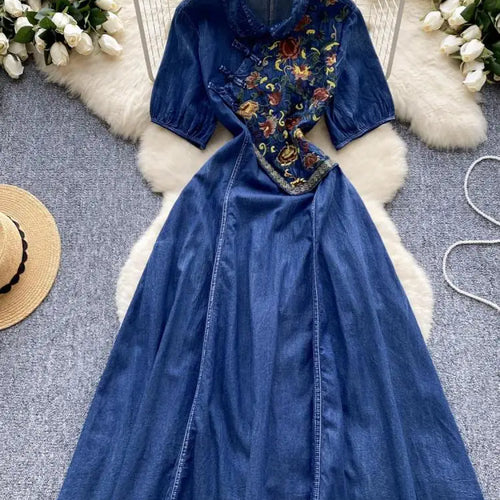 Load image into Gallery viewer, Vintage Chinese Style Summer Blue Embroidery Pleated Denim Long Dress Women Elegant Short Sleeve Princess Party Evening Dresses

