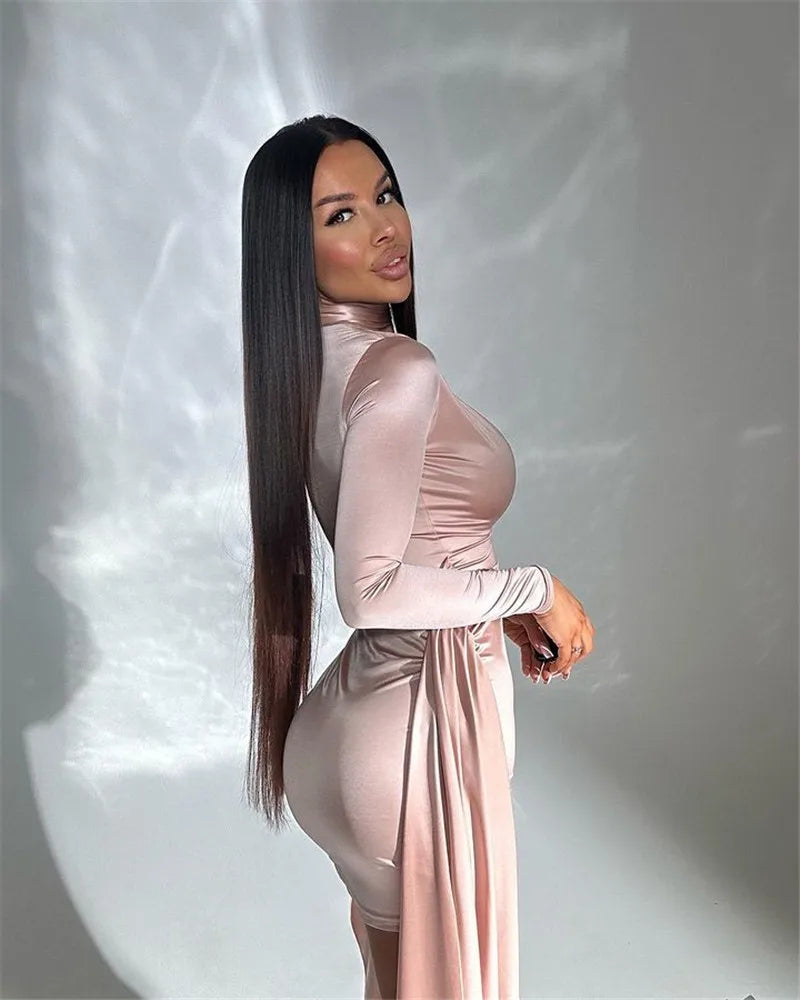 Irregular Sexy Mini Dress For Women Low Cut Long Sleeve Ruched Bodycon Dress Femme Elegant Club Party Sexy Dress New