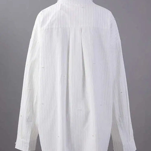 Load image into Gallery viewer, Women White Striped Pearl Big Size Elegant Blouse New Lapel Long Sleeve Shirt Fashion Tide Spring Autumn 2025 CPG2906
