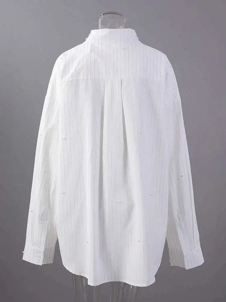 Women White Striped Pearl Big Size Elegant Blouse New Lapel Long Sleeve Shirt Fashion Tide Spring Autumn 2025 CPG2906