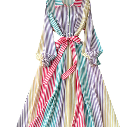 Load image into Gallery viewer, Vintage Women's Rainbow Striped Single Breasted Bow Bandage Long Dress Autumn Vacation Long Sleeved Shirt Dress Casual Clothing
