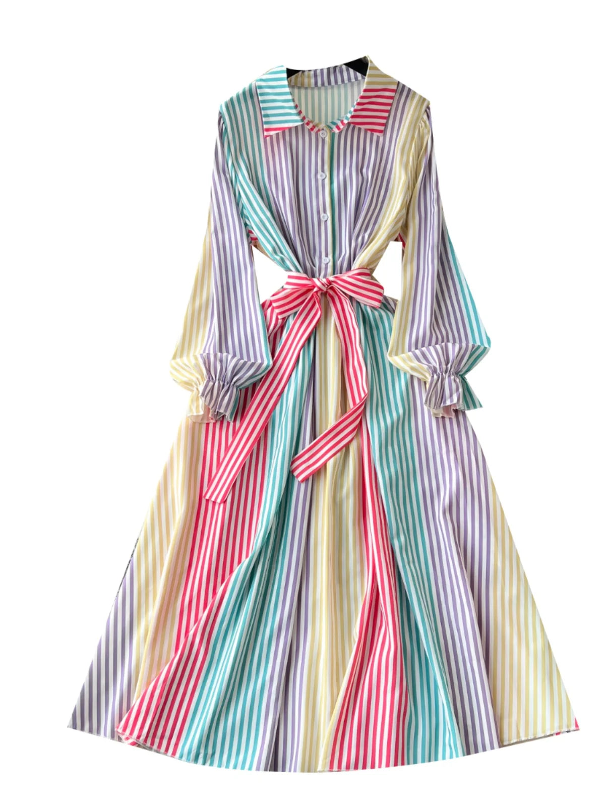 Vintage Women's Rainbow Striped Single Breasted Bow Bandage Long Dress Autumn Vacation Long Sleeved Shirt Dress Casual Clothing
