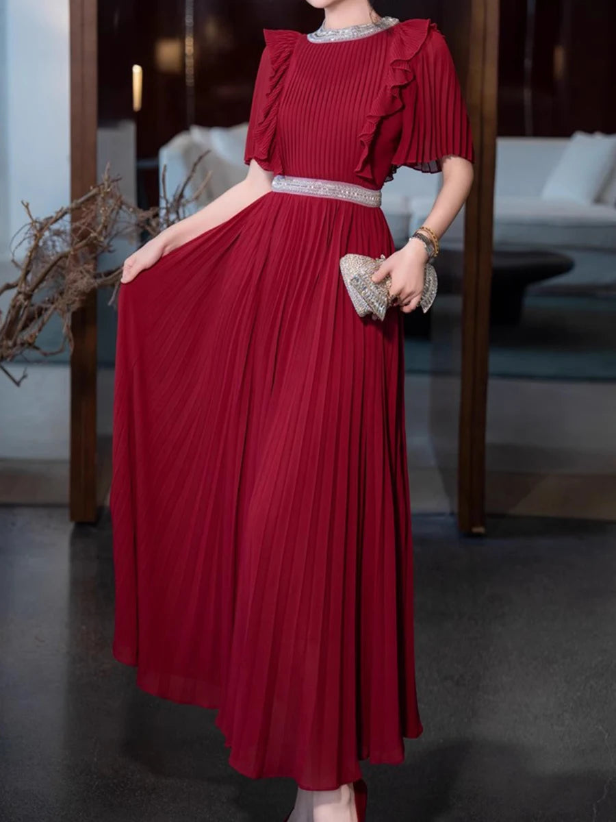 Hit Color Spliced Ruffles Slimming Dresses For Women O Neck Short Sleeve High Waist Temperament Dress Female New