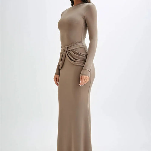 Load image into Gallery viewer, Diagonal Collar Long Sleeve Maxi Dress For Women Autumn Winter New Solid High Waist Ruched Bodycon Sexy Long Dress
