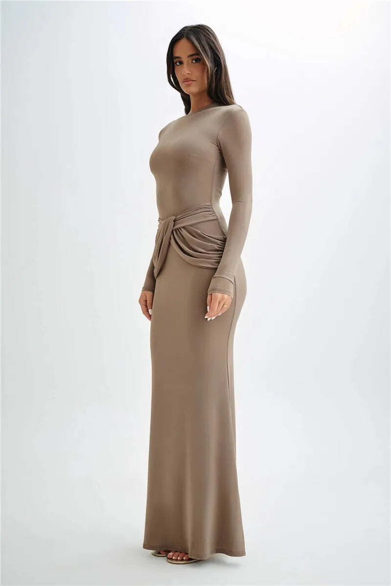 Diagonal Collar Long Sleeve Maxi Dress For Women Autumn Winter New Solid High Waist Ruched Bodycon Sexy Long Dress