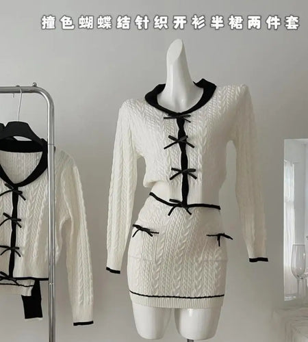 Women Autumn Winter 2024 French Black Beige Patchwork Knit Elegant Long Sleeved Bow Tops + High Waist Short Skirt Two Piece Suit