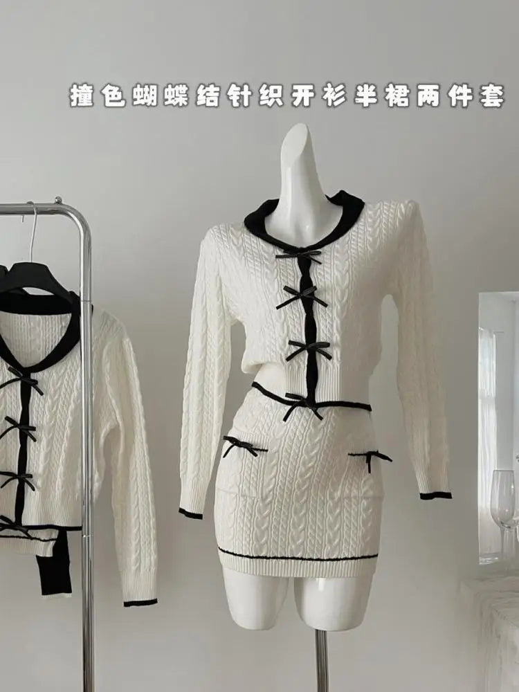 Women Autumn Winter 2024 French Black Beige Patchwork Knit Elegant Long Sleeved Bow Tops + High Waist Short Skirt Two Piece Suit