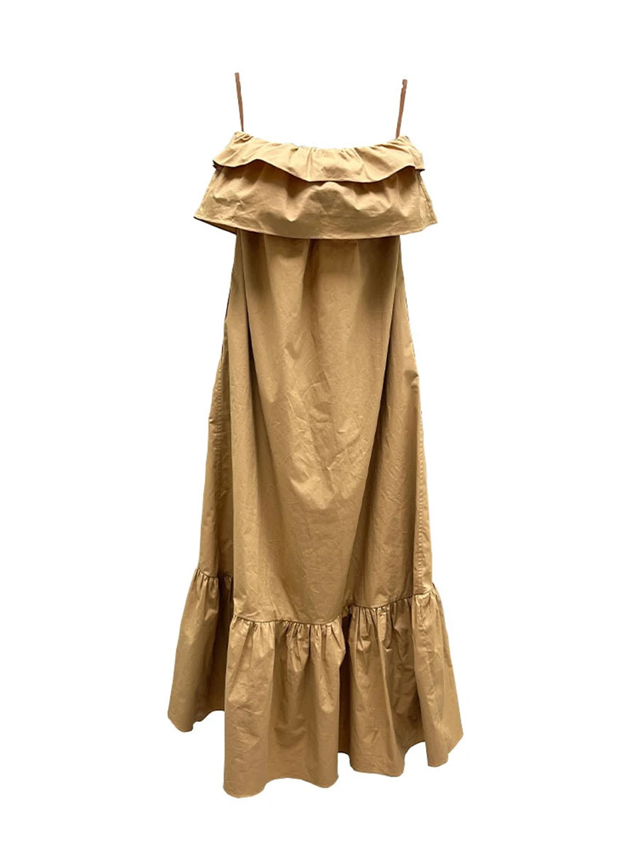 Solid Loose Spliced Ruffles Folds Casual Dresses for Women Strapless Sleeveless Minimalist Long Dress Female New