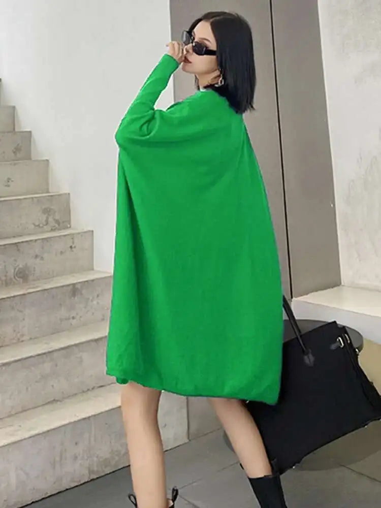 Women Blue Knitting Big Size Mini Dress New V-Neck Long Batwing Sleeve Loose Fit Fashion Tide Spring Autumn 2025 1DF9758
