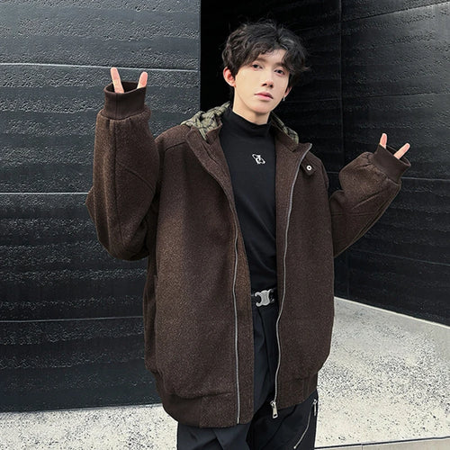 Load image into Gallery viewer, Fake Two Piece Spliced Men&#39;s Woolen Coats Hooded Plaid Korean Style Contrast Color Casual Male Jackets Trendy New 9C9280
