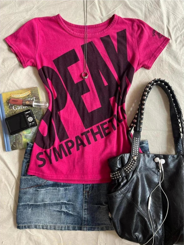 2025 Summer Letter Printing T-shirts Y2k Aesthetic Vintage Casual Fairy Cropped Tops Women Harajuku Grunge Bodycon Rose Red Tees