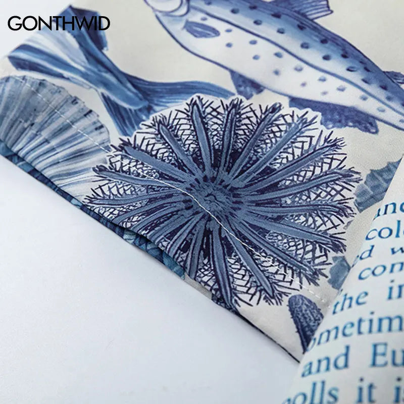 Harajuku Oversize Shirts Summer Retro Sea World Letter Graphic Print Button Up Blouse Streetwear Hip Hop Loose Short Sleeve Tops