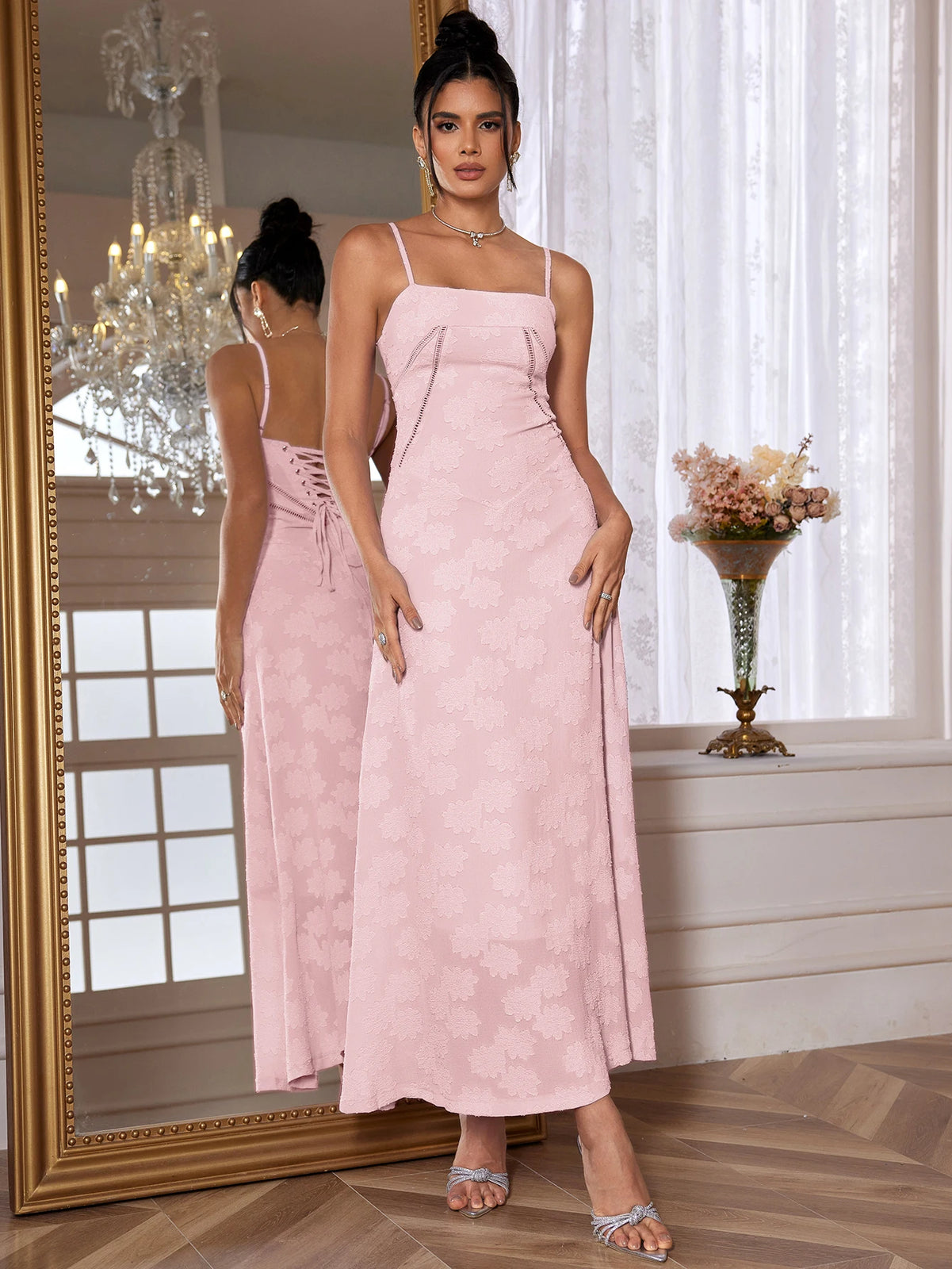 Summer Elegant Maxi Dress 2024 New Arrival Purple Spaghetti Strap Wedding Guest Dress Lace Up Party Dresses