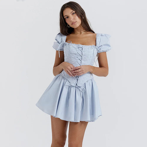 Load image into Gallery viewer, Elegant Short Puff Sleeve Sexy Mini Dress Women Fashion Square Collar Backless A-line Pleated Club Party Dress Vintage
