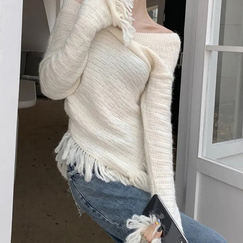 Load image into Gallery viewer, Solid Slimming Sexy Knitting Sweaters For Women V Neck Flare Sleeve Patchwork Tassel Chic Sweater Female Fashion
