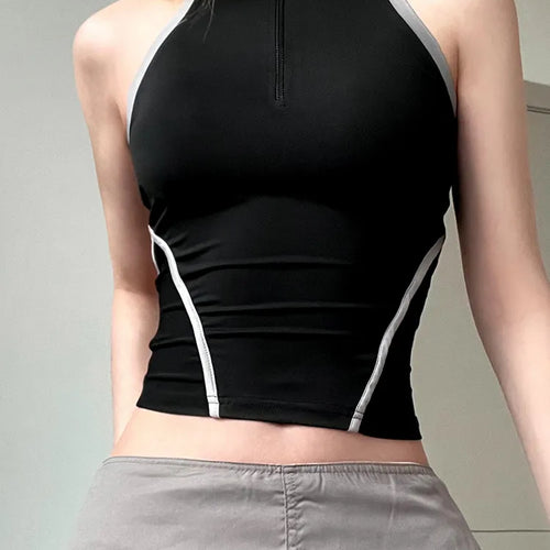 Load image into Gallery viewer, Casual Stripe Stitched Zipper Fitness Vest Crop Top Female Backless Stand Collar Streetwear Summer Tanks Short Sporty
