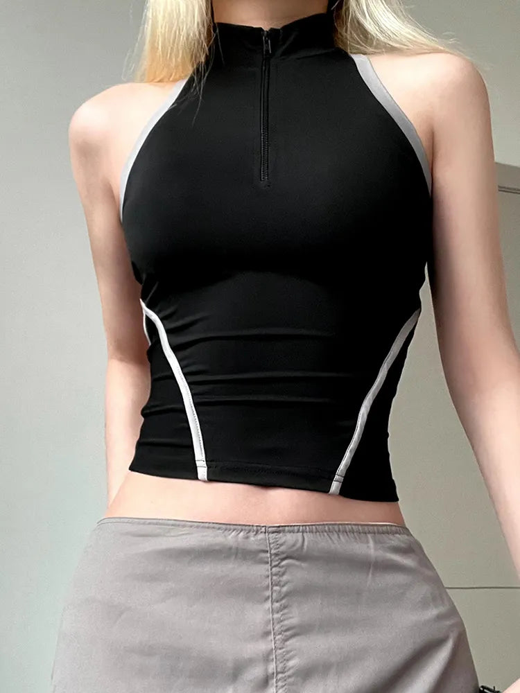 Casual Stripe Stitched Zipper Fitness Vest Crop Top Female Backless Stand Collar Streetwear Summer Tanks Short Sporty