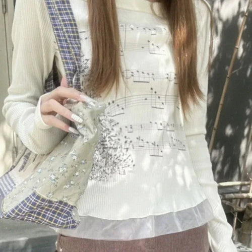 Load image into Gallery viewer, Y2k Aesthetic Cotton Tshirts Women All Match Tees Lace Patch Sexy Grunge Print T Shirt Long Sleeve Crop Top 2025 Fairy Clothes
