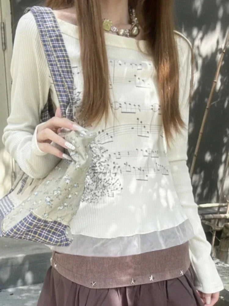 Y2k Aesthetic Cotton Tshirts Women All Match Tees Lace Patch Sexy Grunge Print T Shirt Long Sleeve Crop Top 2025 Fairy Clothes