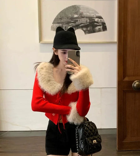 French Fashion Women Blue Long Sleeve Knitted Sweater 2024 New Autumn Winter Ladies Red Hairy Neck Lace-up Cardigan Tops Popular