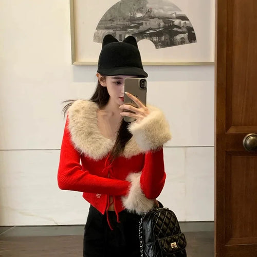 Load image into Gallery viewer, French Fashion Women Blue Long Sleeve Knitted Sweater 2024 New Autumn Winter Ladies Red Hairy Neck Lace-up Cardigan Tops Popular
